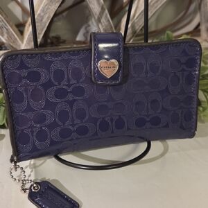 Coach Plum/Navy Signature Monogram Trifold Wallet Heart Snap ID Window Zip